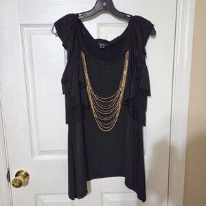 XOXO Black Ruffle Sleeve Top with Gold Chain Detail – Size L